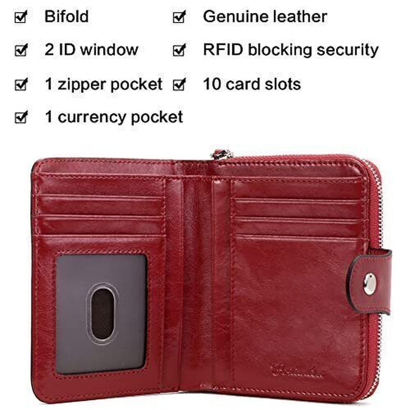 Leather Wallets for Women RFID Blocking Zipper Pocket Small Bifold Wallet
